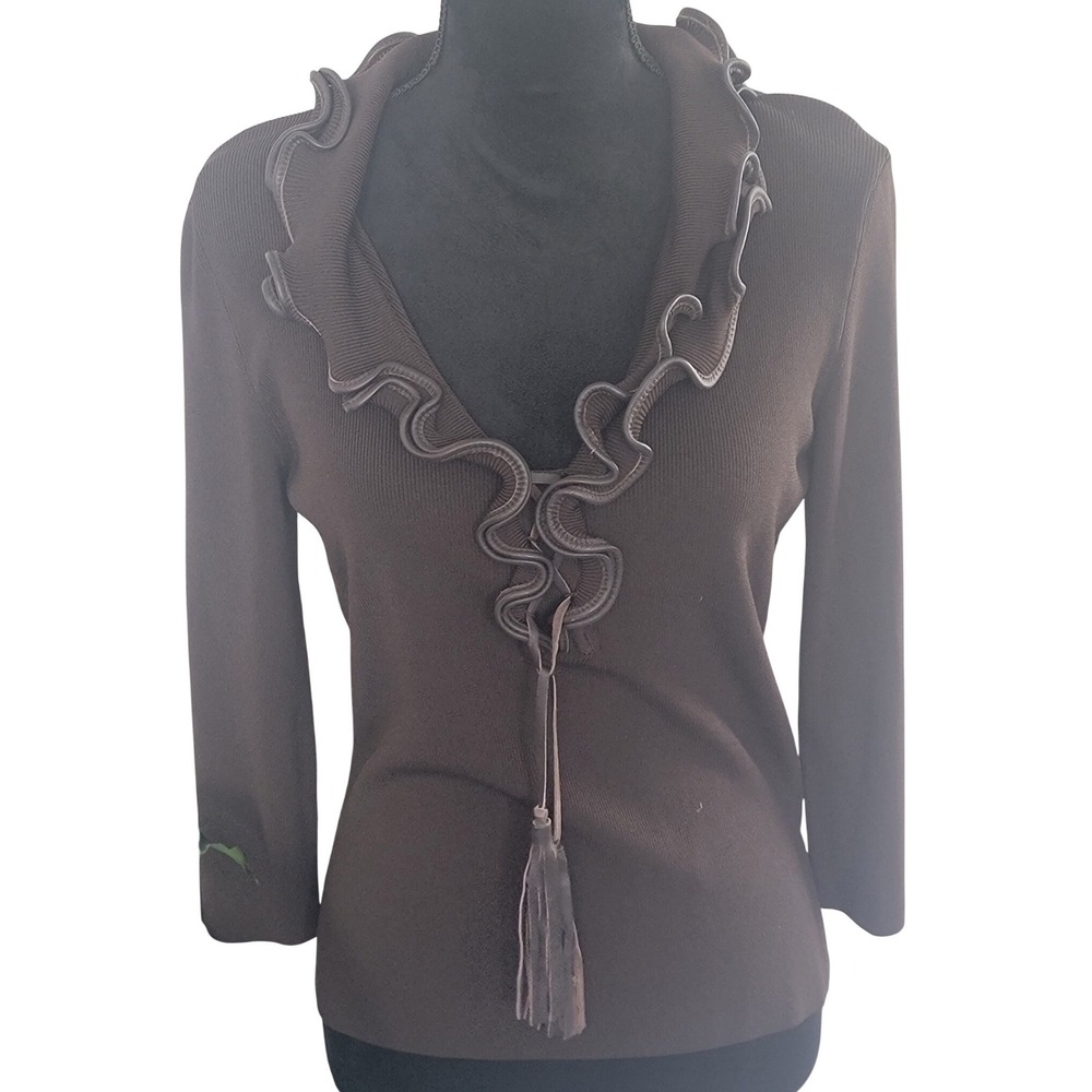 Cyrus Brown Ribbed‎ Knit Ruffle V-Neck Tassel Sweater 3/4 Sleeve Womens